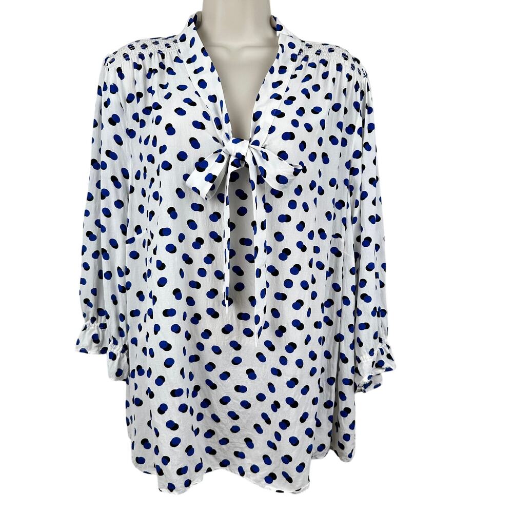 Talbots Blouse Top Polka Dot Short Sleeve Bow Tie Ruffle Sleeve White Blue 3XP
